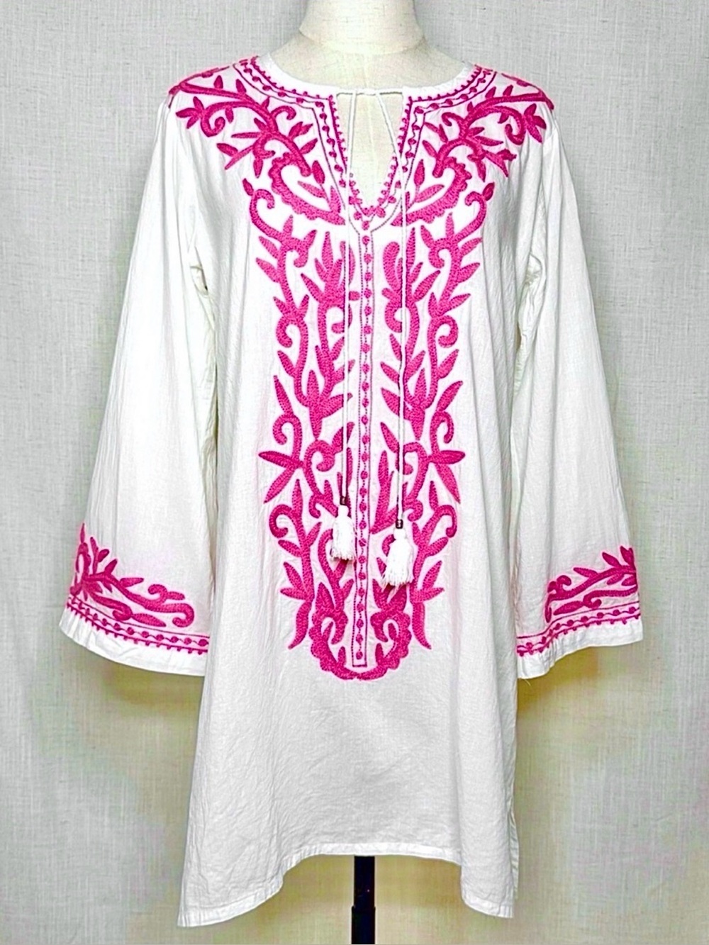 Madison Mathews White Embroidered Cotton Tunic Cover-Up Pink Tassel Medium
